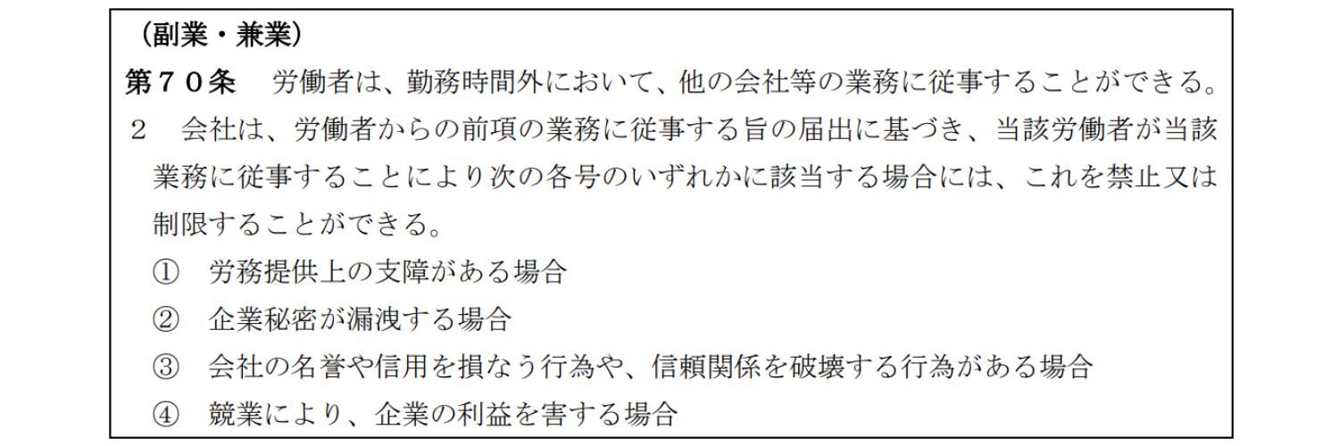 厚生労働省のモデル就業規則より

（副業・兼業）
第７０条 労働者は、勤務時間外において、他の会社等の業務に従事することができる。
２ 会社は、労働者からの前項の業務に従事する旨の届出に基づき、当該労働者が当該
業務に従事することにより次の各号のいずれかに該当する場合には、これを禁止又は
制限することができる。
① 労務提供上の支障がある場合
② 企業秘密が漏洩する場合
③ 会社の名誉や信用を損なう行為や、信頼関係を破壊する行為がある場合
④ 競業により、企業の利益を害する場合